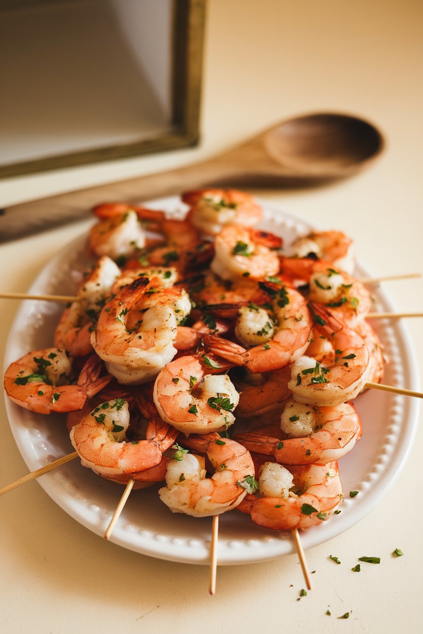 Photo of cooked Cajun shrimp skewers on a white platter indoors, sprinkled with parsley, no text or logos