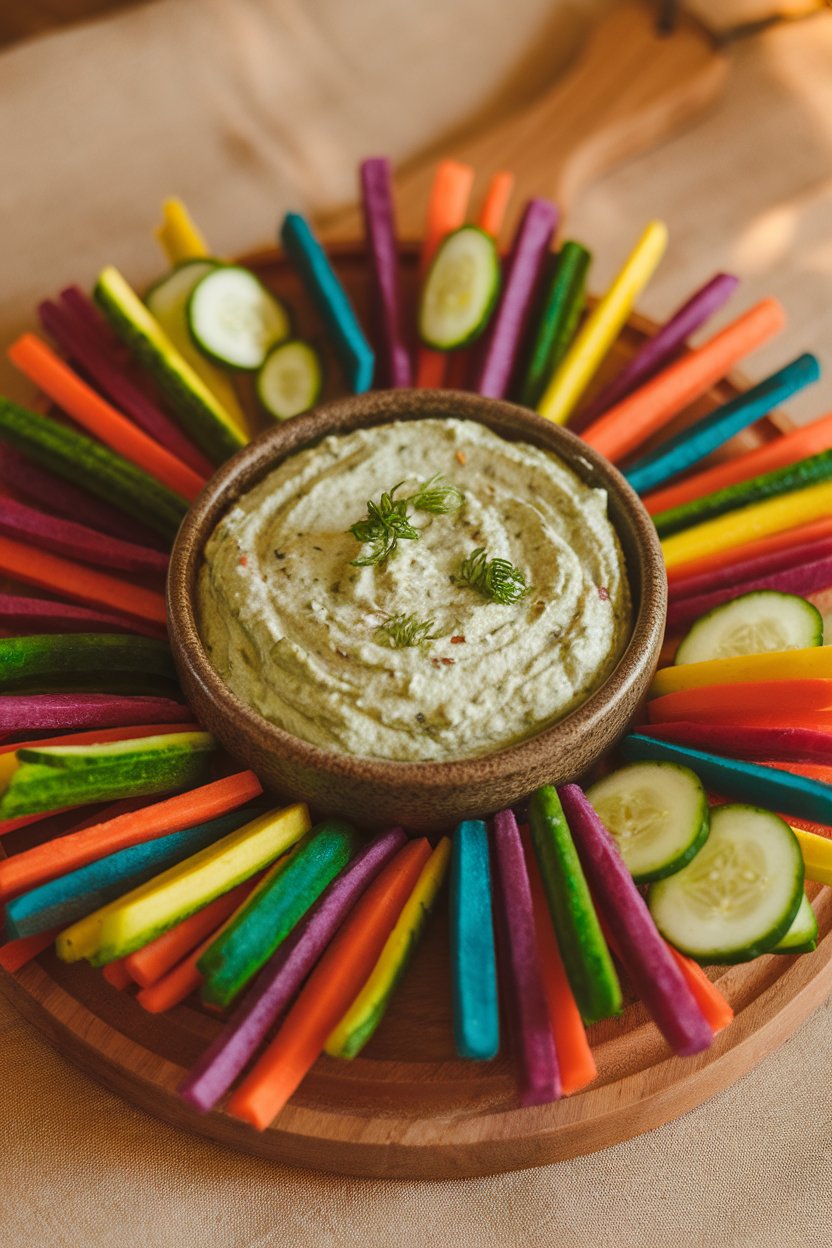 Photo of creamy green dip in a bowl surrounded by rainbow carrot sticks and cucumber rounds, indoors. No text or logos.