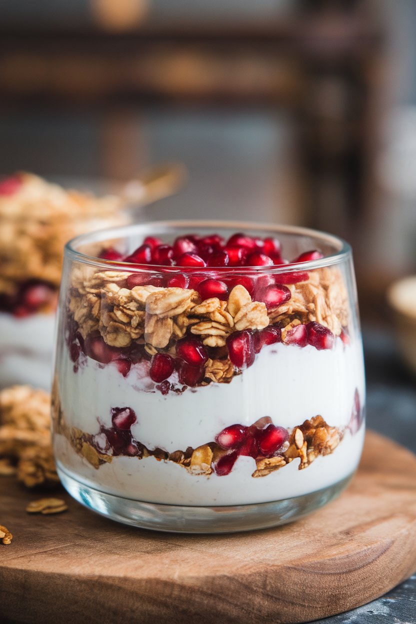 Indoor photo of layered Greek yogurt, granola, and ruby pomegranate seeds in a clear glass, no text or logos present