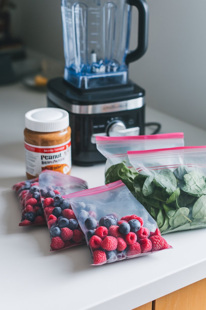 Indoor photo of freezer bags filled with frozen berries, spinach, and peanut butter portions arranged beside a blender. No text or logos.