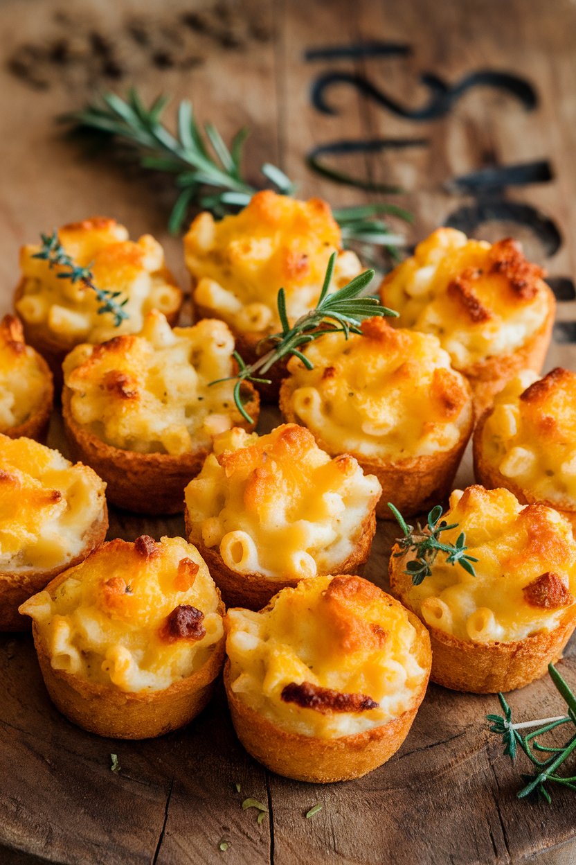 Indoor platter of golden baked mac and cheese bites in mini muffin shapes, cheese visibly crisped on edges. No logos or text.