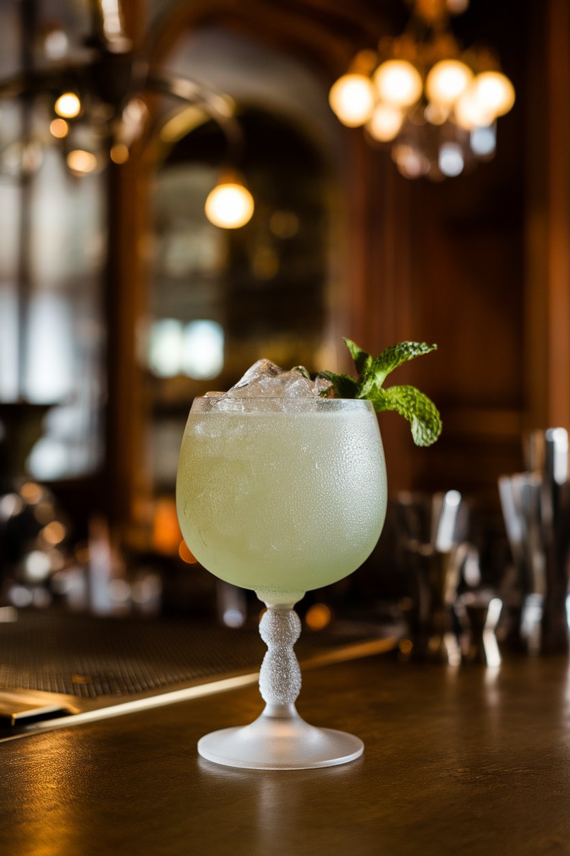 Photo of a frosted goblet indoors filled with pale green crushed-ice cocktail, mint sprig garnish, elegant antique bar ambience, no text or logos