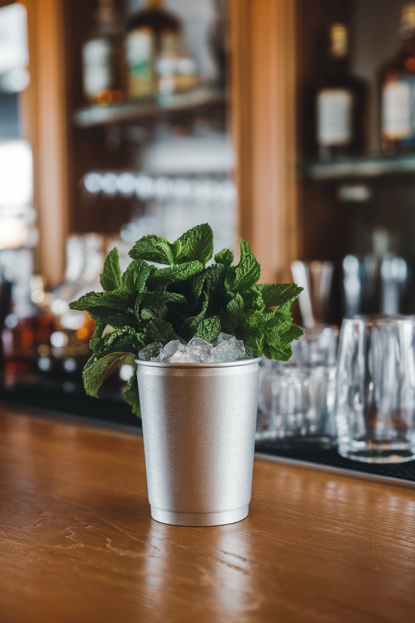 Indoor wooden bar with a frosted silver julep cup, overflowing crushed ice and lush mint bouquet, no text or logos, photo