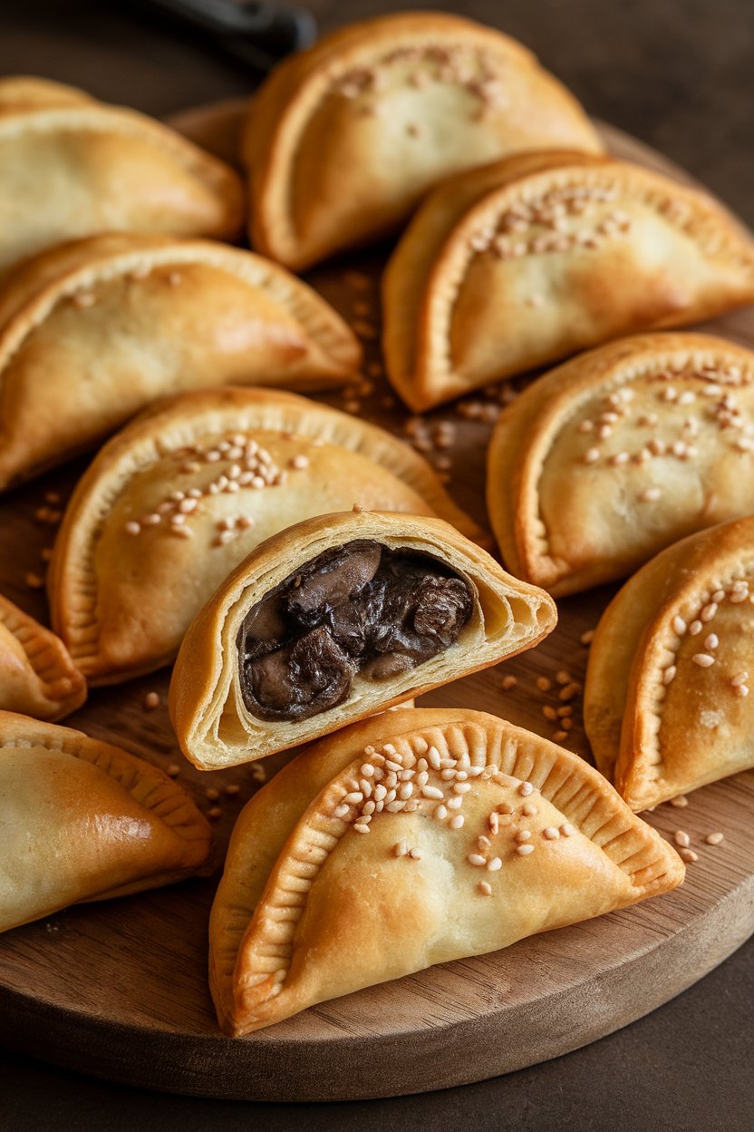 Indoor photo of flaky half-moon pastries with a dark mushroom filling peeking out of one broken open, no text or logos