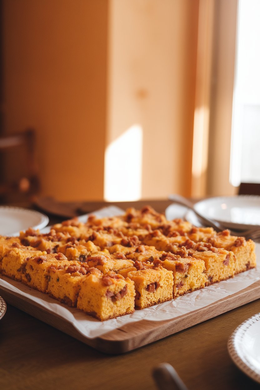 A warmly lit indoor dining table featuring bite-sized squares of baked cornbread dressing with visible sausage crumbles, arranged in rows on a parchment-lined board. No text or logos in view.