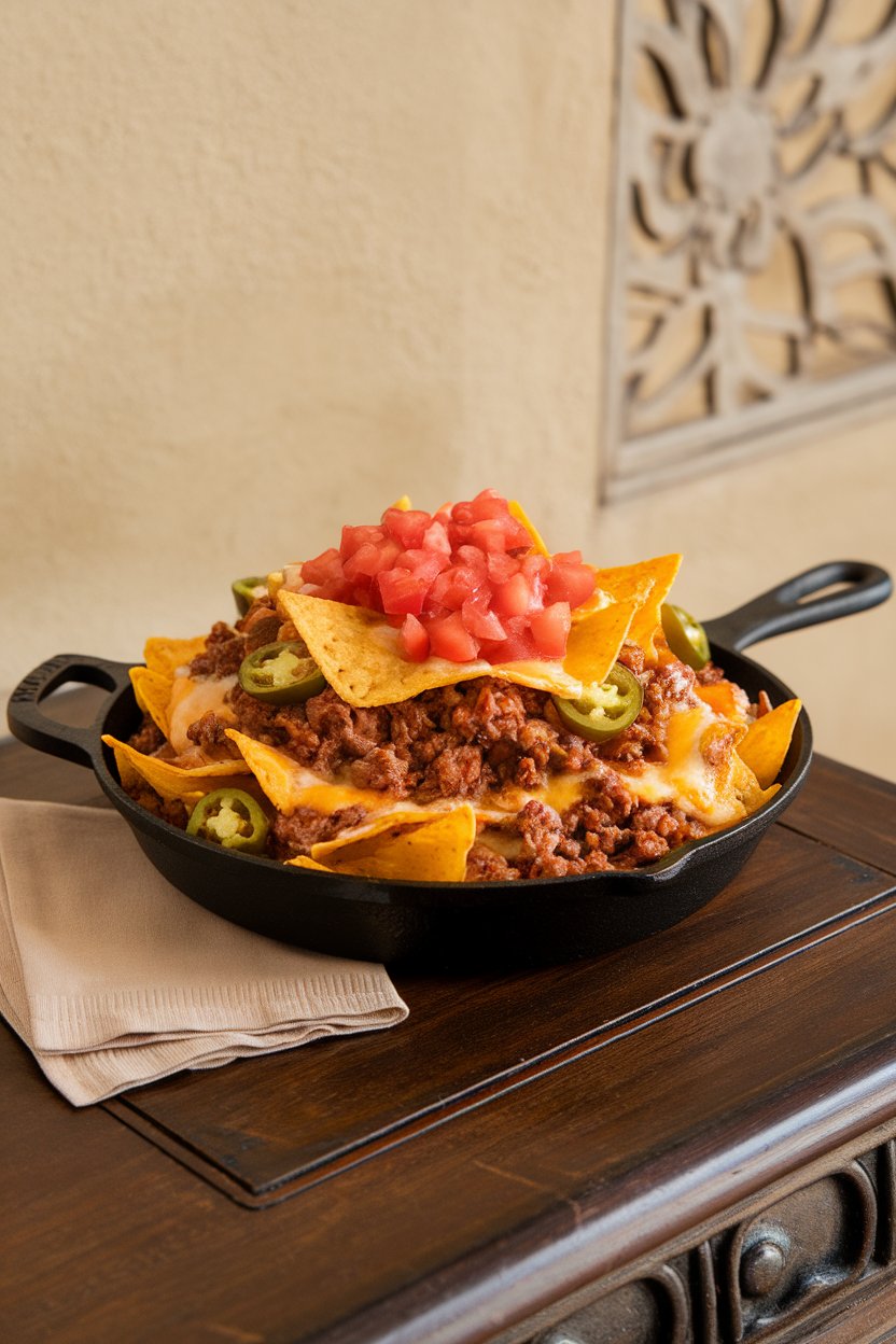 An indoor coffee table scene with a cast-iron skillet piled high with tortilla chips layered in melted cheese, seasoned beef, jalapeños, and diced tomatoes. No visible text or logos.