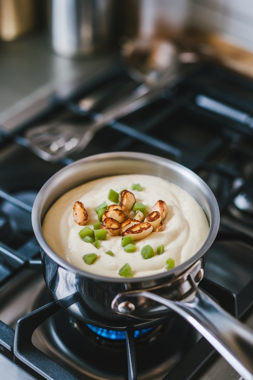 Indoor stovetop shot of a small pot filled with silky white queso dotted with roasted garlic pieces and diced green chiles. No text or logos.