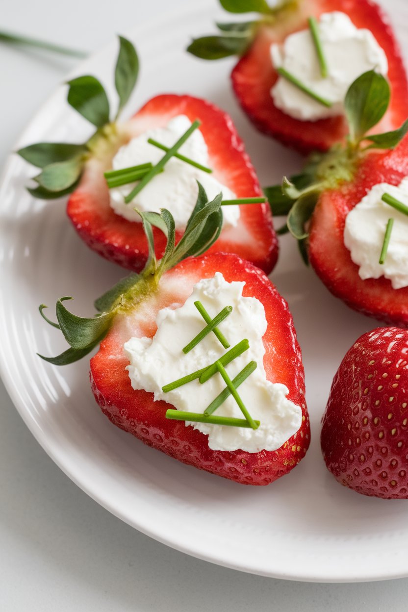 Indoor close-up of strawberries hollowed and filled with herbed Boursin cheese, chive garnish on top. Photo, no text or logos.