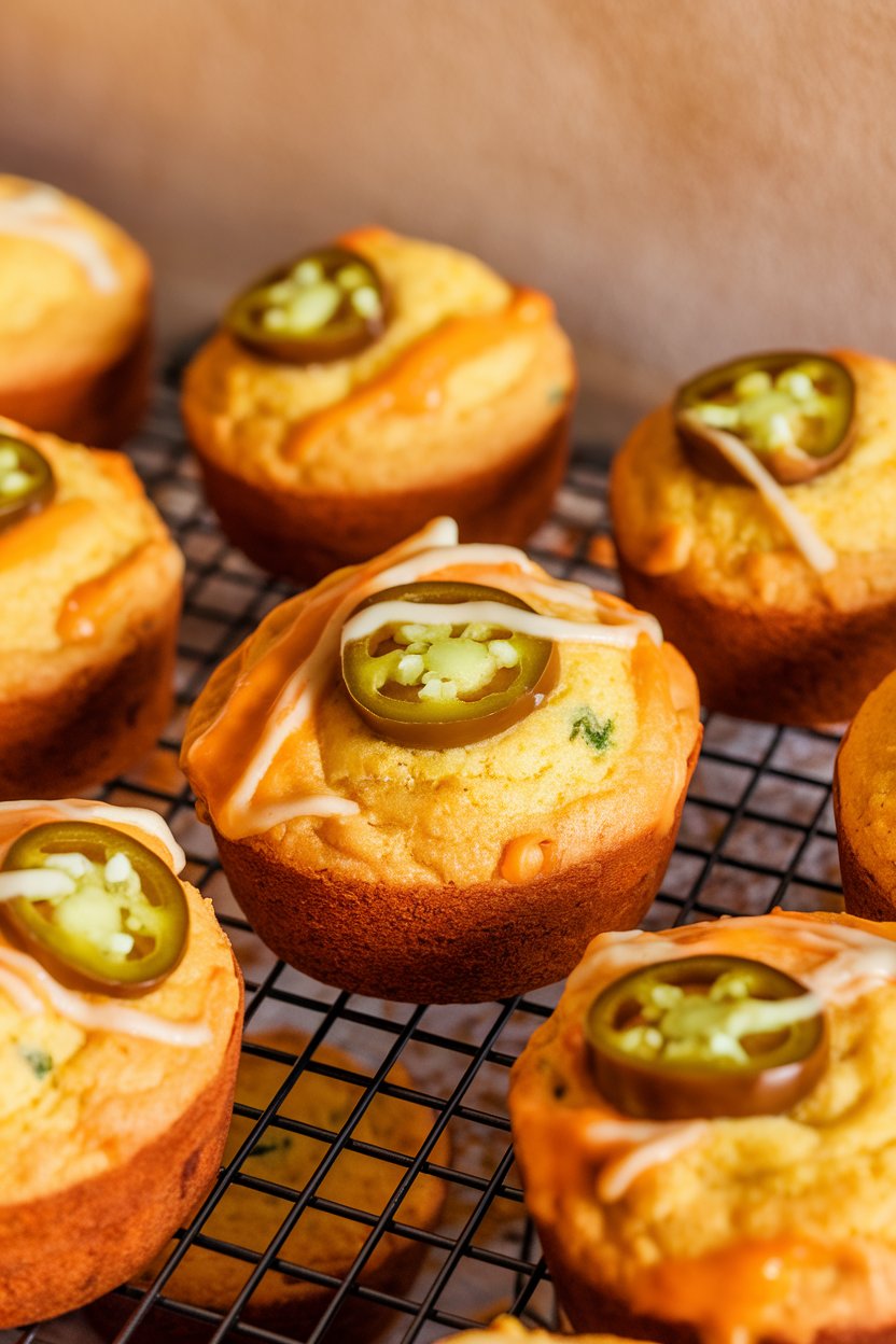Indoor photo of golden cornbread muffins dotted with jalapeño slices and melted cheddar on top, cooling on a wire rack. No text or logos.
