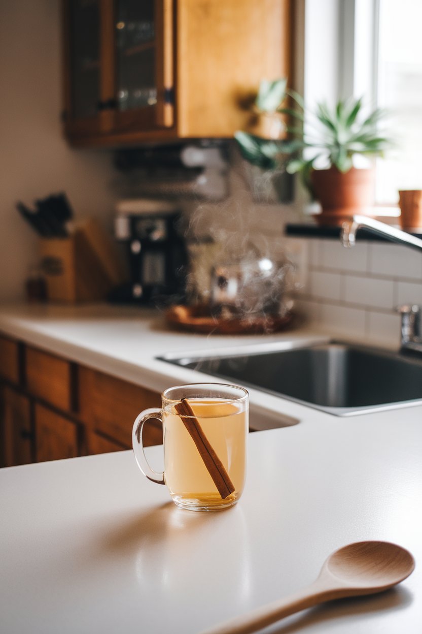A cozy indoor kitchen scene with a clear mug of warm apple cider, cinnamon stick submerged, steam gently rising. No logos or text in frame. Photo.