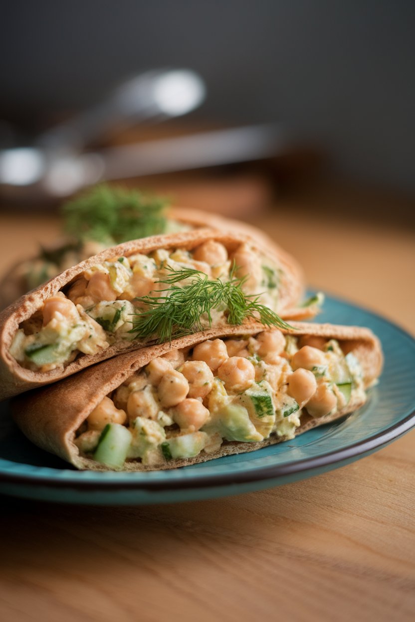 A plate with whole-wheat pita halves stuffed with mashed chickpea salad, diced cucumbers, and dill, photographed indoors. No text or logos visible; photo.