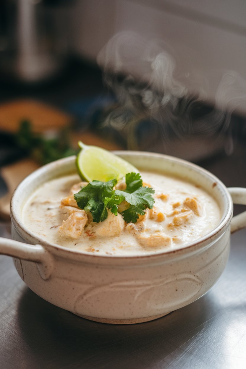 An indoor countertop featuring a white ceramic bowl of creamy white chicken chili, garnished with cilantro and a lime wedge. Steam drifts upward, and there are no visible logos or text.