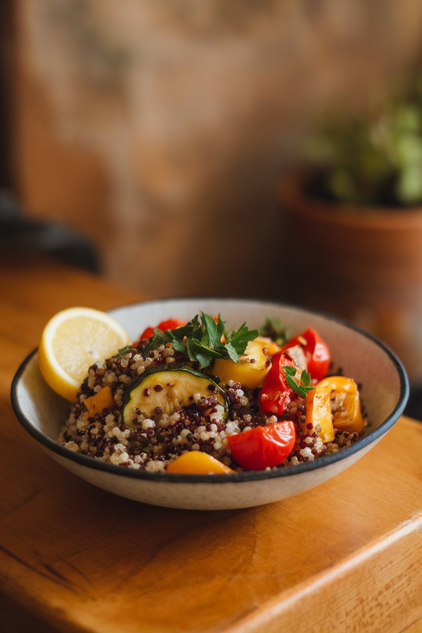 A warmly lit indoor tabletop showing a shallow white bowl filled with tri-color quinoa, roasted zucchini, bell peppers, and cherry tomatoes, garnished with chopped parsley and a lemon wedge. No text or logos anywhere in the frame. Photo style, not illustration.