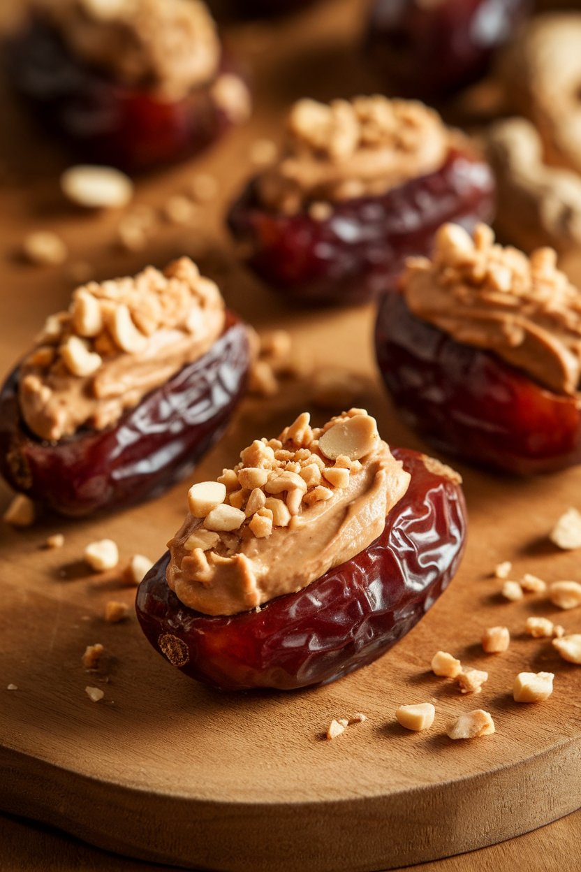 Indoor tabletop with Medjool dates split open and filled with creamy peanut butter, crushed peanuts sprinkled on top; no brand names visible.