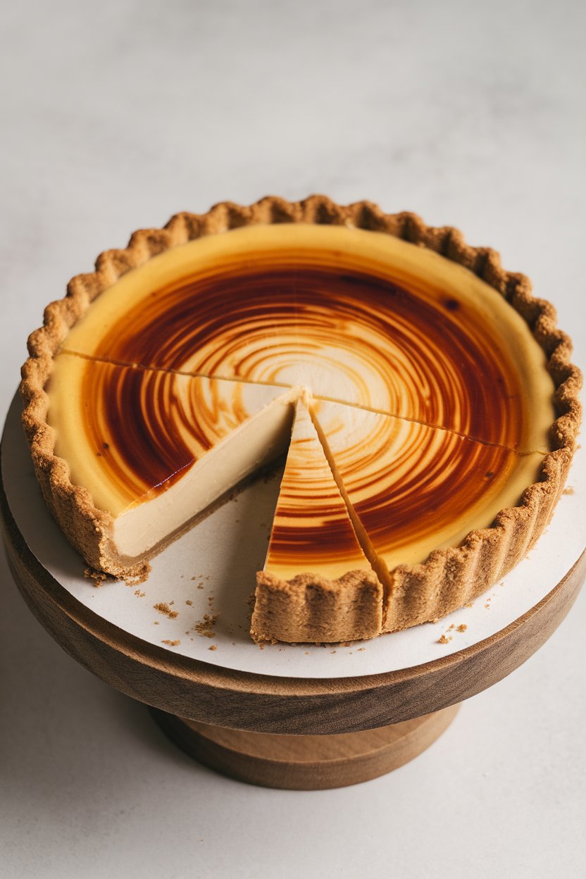 Indoor photo of a sliced custard pie with a caramelized top and light coffee hue, sitting on a wooden pie stand. No text or logos visible.
