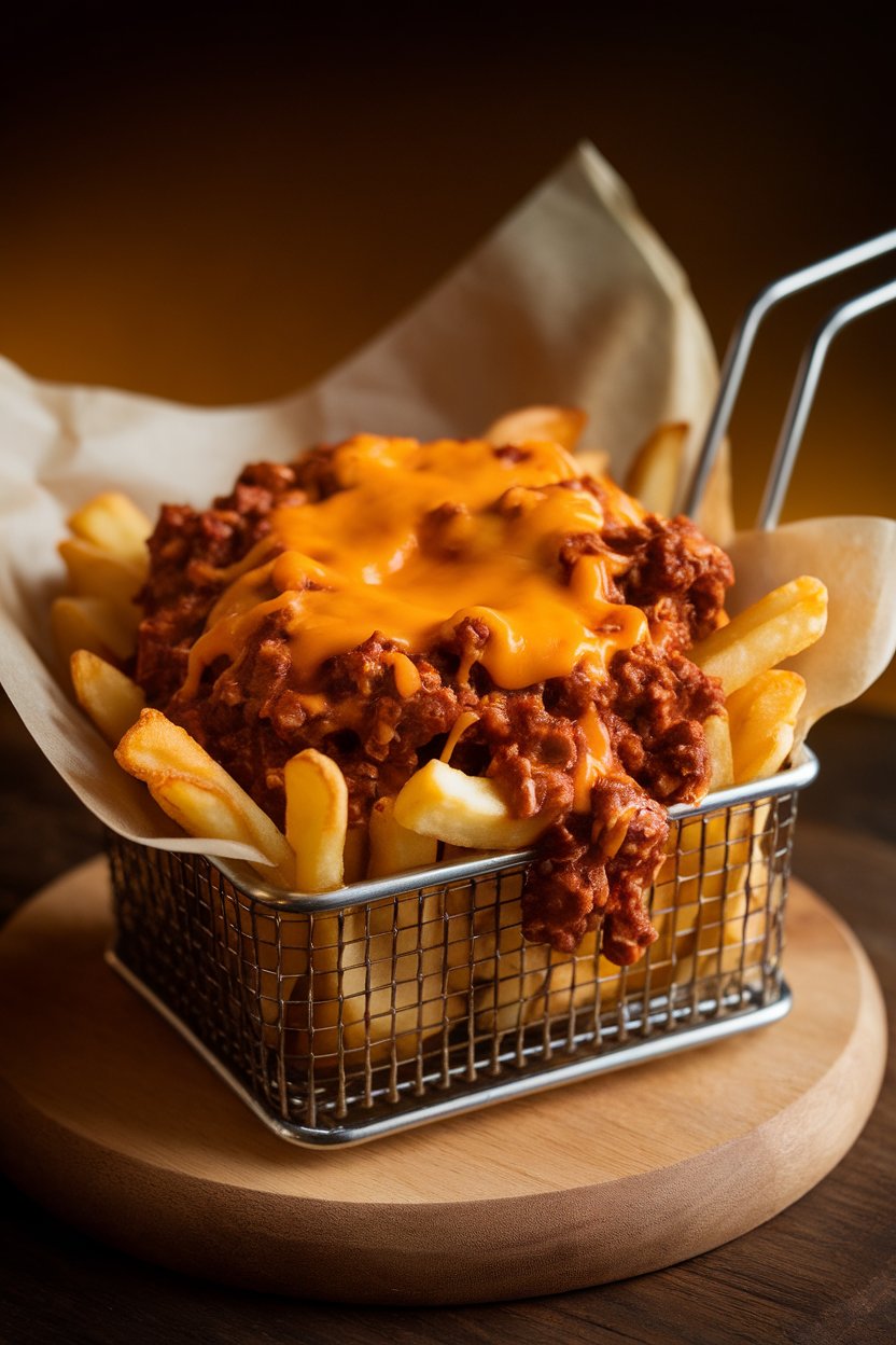 A warmly lit indoor bar-style photo of a basket lined with parchment paper holding crispy fries smothered in beef chili and melted cheddar. No text or logos displayed.