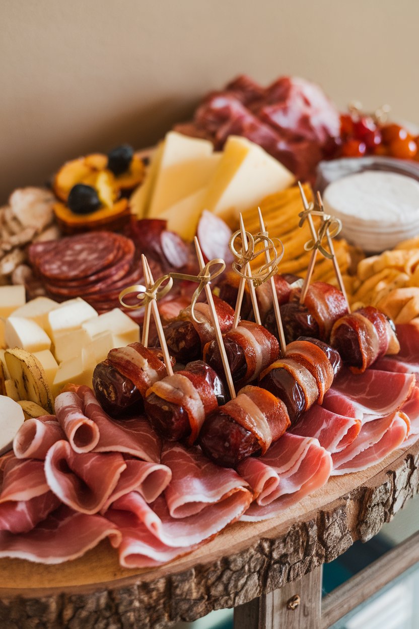 An indoor charcuterie board with glossy bacon-wrapped dates skewered on decorative picks, no logos or text present.