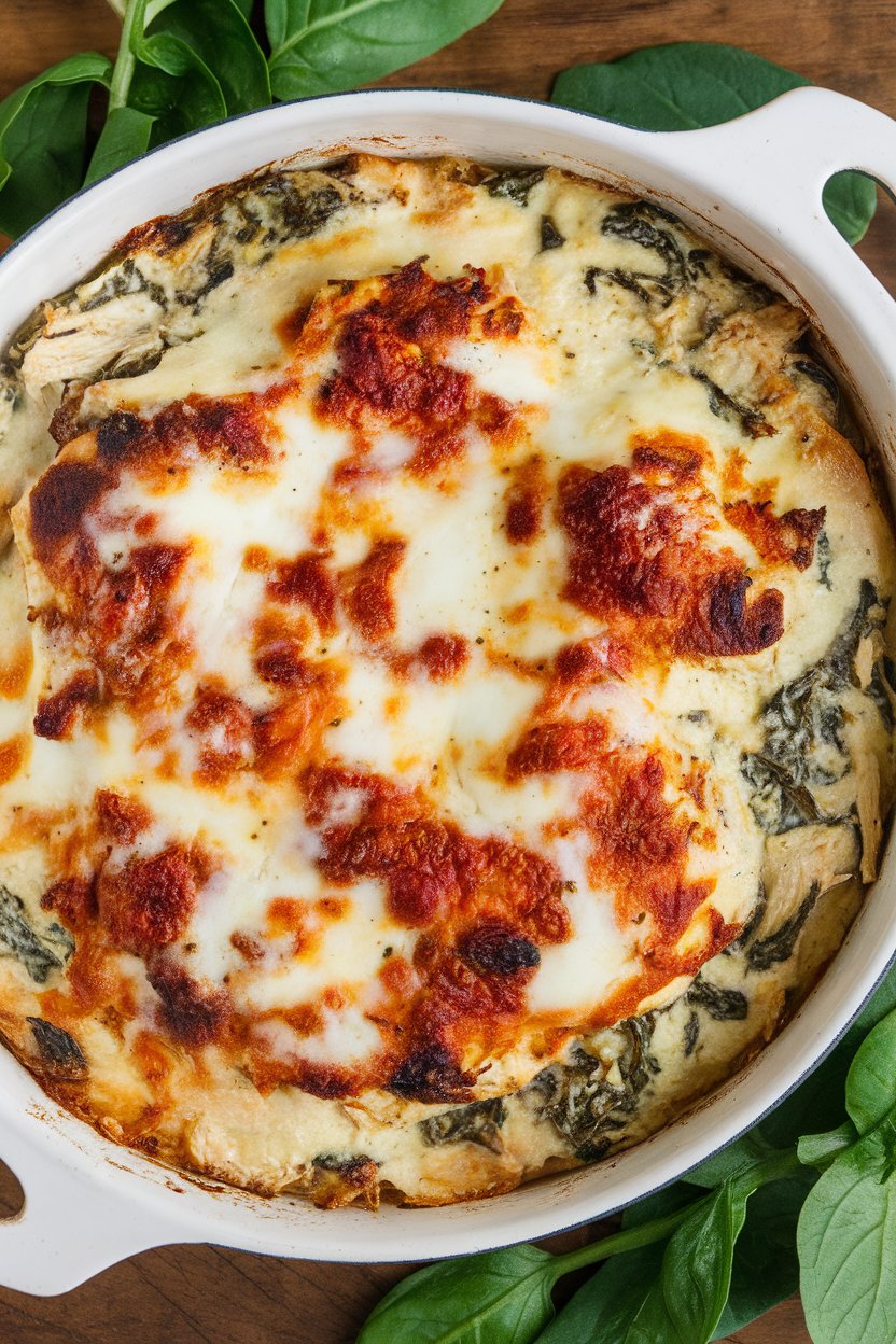 Indoor casserole of creamy spinach-artichoke chicken topped with melted mozzarella. No text or logos.