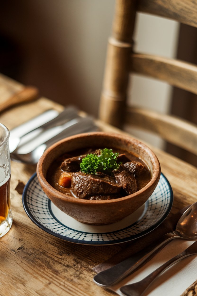 Cozy indoor pub-style table with a rustic bowl of dark Guinness beef stew garnished with fresh parsley; a soft focus background shows part of a wooden chair. No text or logos. Photo, not an illustration.