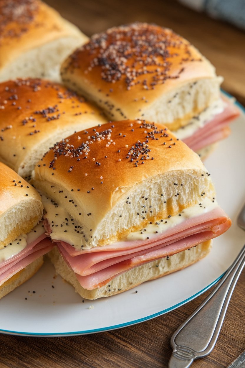 Indoor photo of sweet roll sliders filled with ham, Swiss, and poppy seed butter glaze, baked and slightly pulled apart. No text or logos.