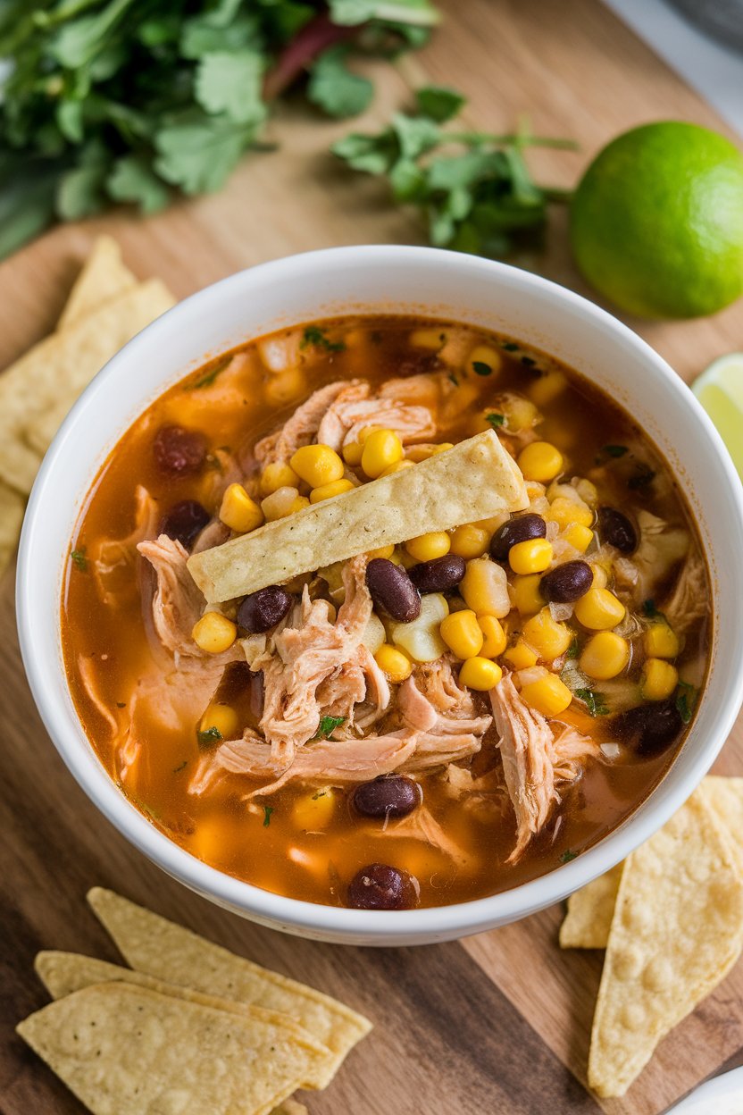 Indoor soup bowl topped with shredded chicken, corn, black beans, and baked tortilla strips. No text or logos visible.