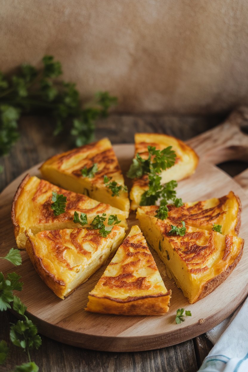 Indoor tapas spread showing wedges of Spanish potato omelette on a wooden board, parsley garnish. No text or logos. Photo, not illustration.