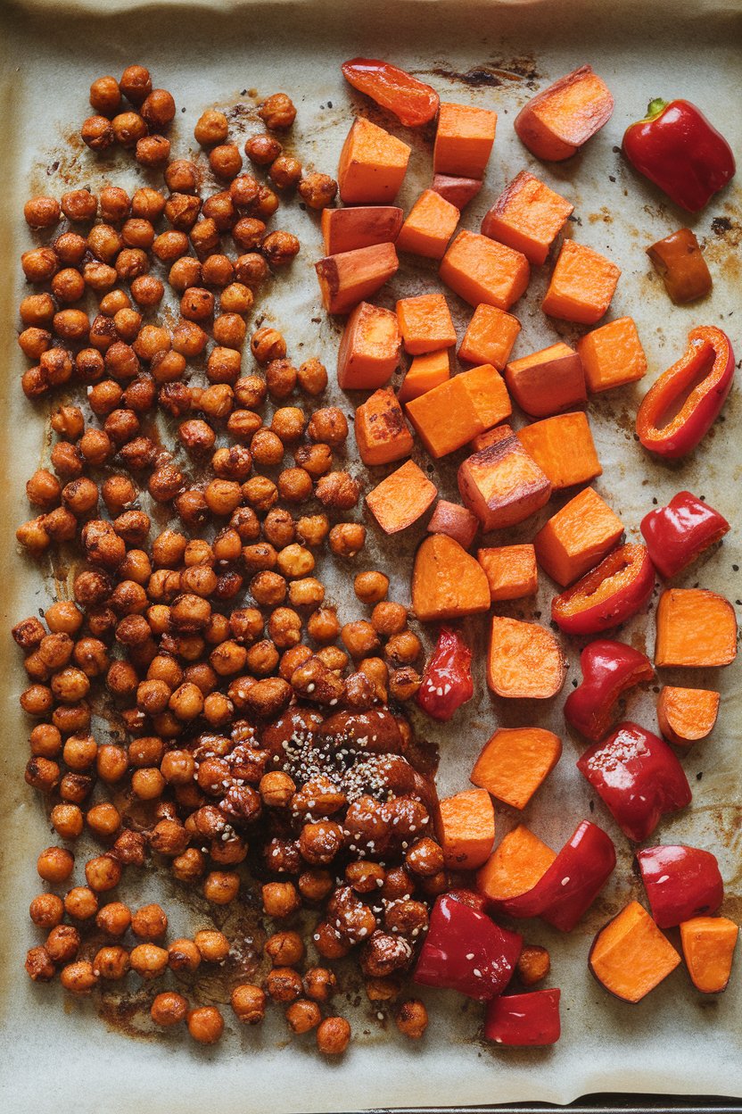 Indoor photo featuring roasted BBQ-sauced chickpeas, sweet potato cubes, and red bell pepper chunks on a parchment-lined sheet pan; no logos