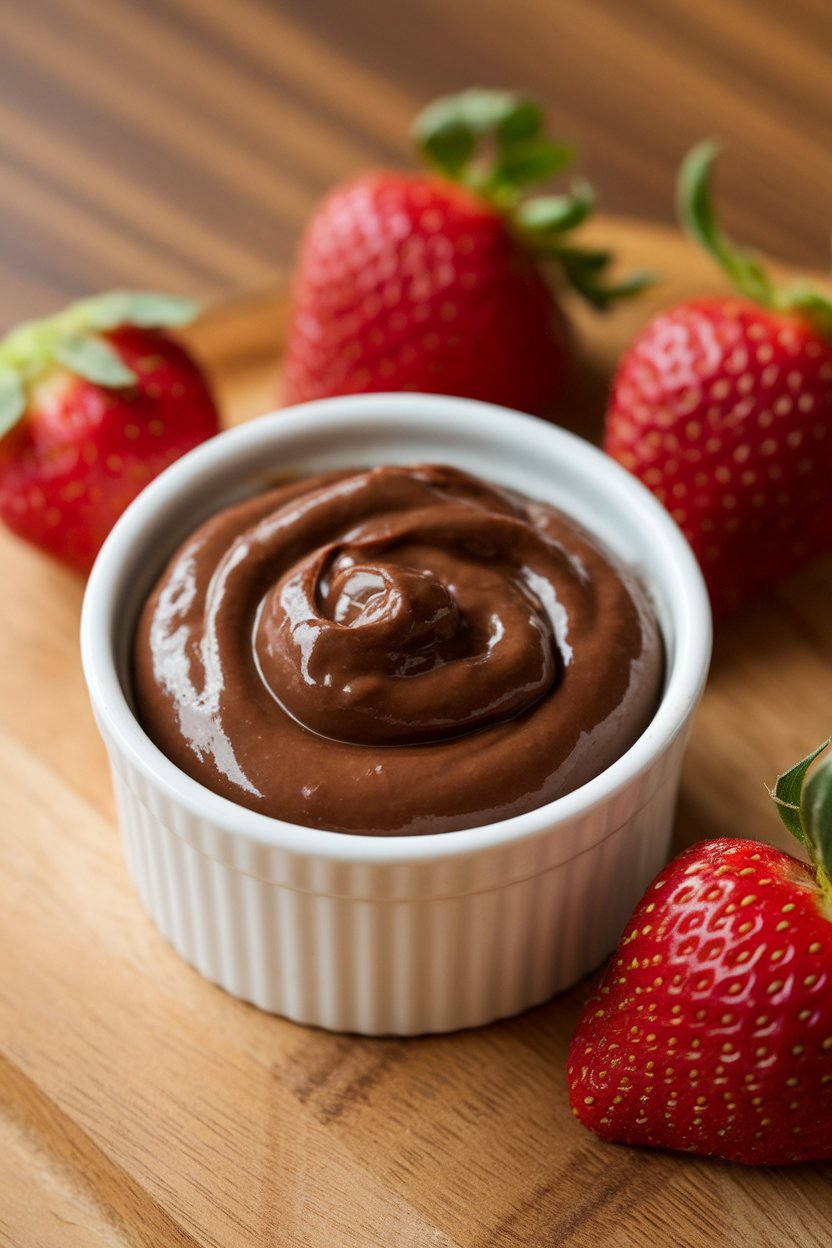 Small indoor ramekin filled with glossy chocolate-hazelnut spread, fresh strawberries placed nearby. Photo, no text or logos.