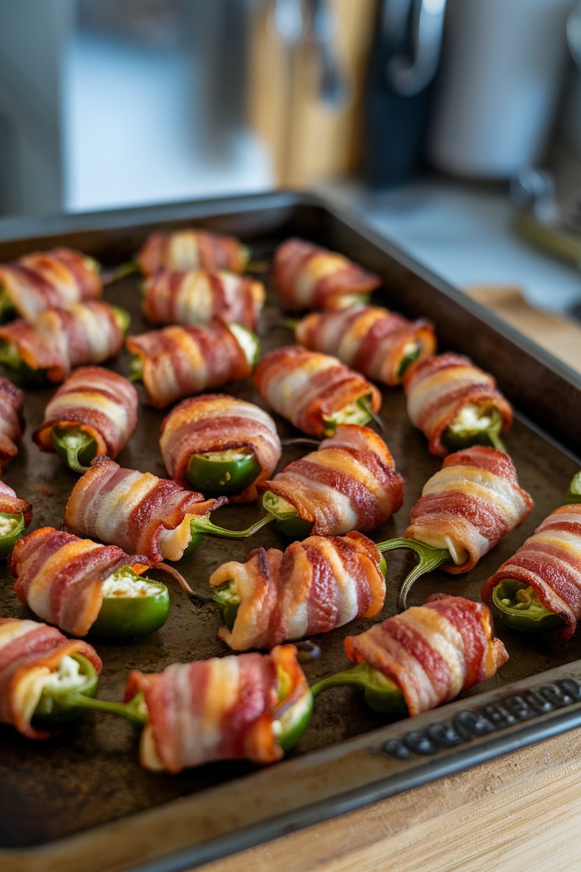 Indoor photo of bacon-wrapped jalapeño poppers on a baking tray, cheese oozing slightly from the ends. No text or logos.