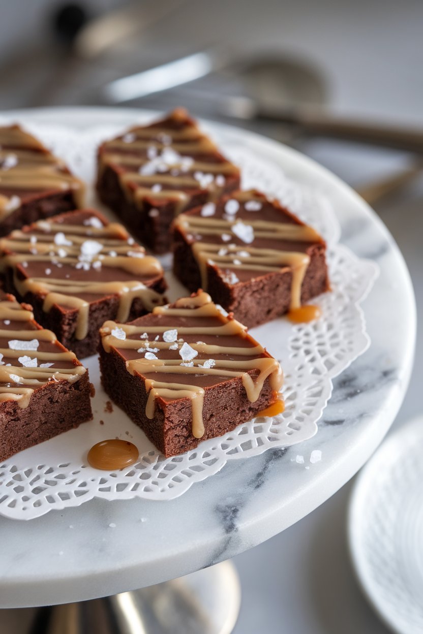 Indoor photo of mini brownie squares with glossy caramel drizzle and flaky sea salt on a marble platter. No text or logos.