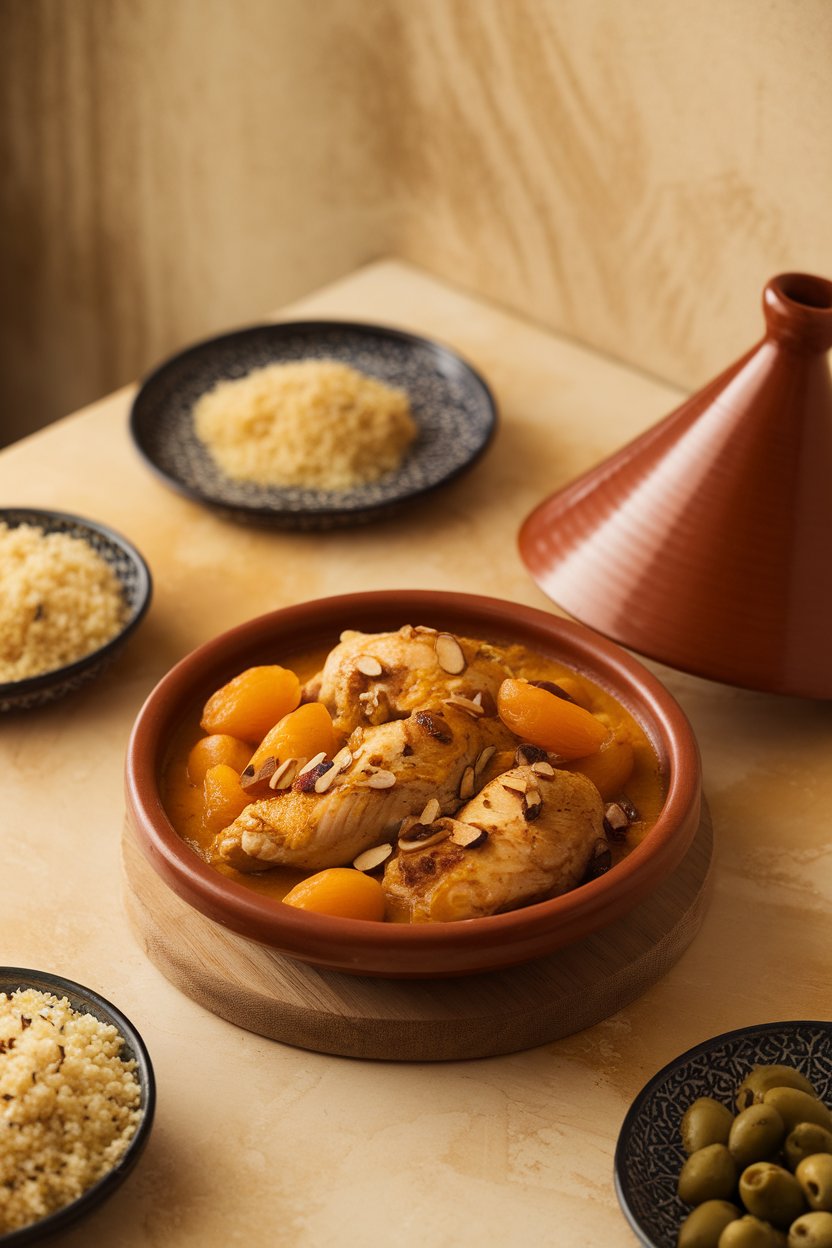 Indoor dining table featuring a bowl of chicken tagine with apricots, almonds, and saffron-colored sauce. No text or logos.