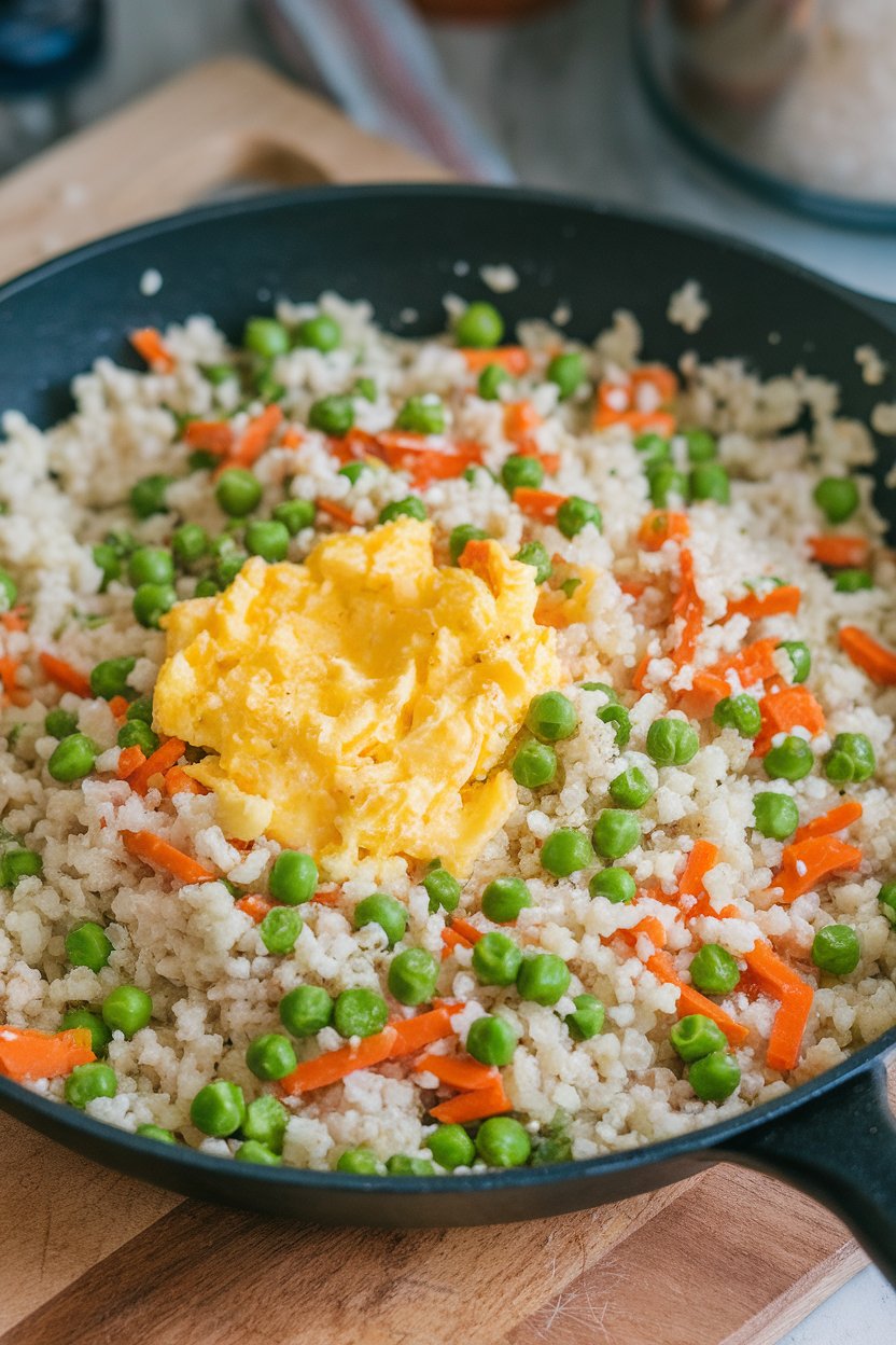An indoor skillet shot of cauliflower rice stir-fried with peas, carrots, and scrambled egg; no text or logos. Photo only.