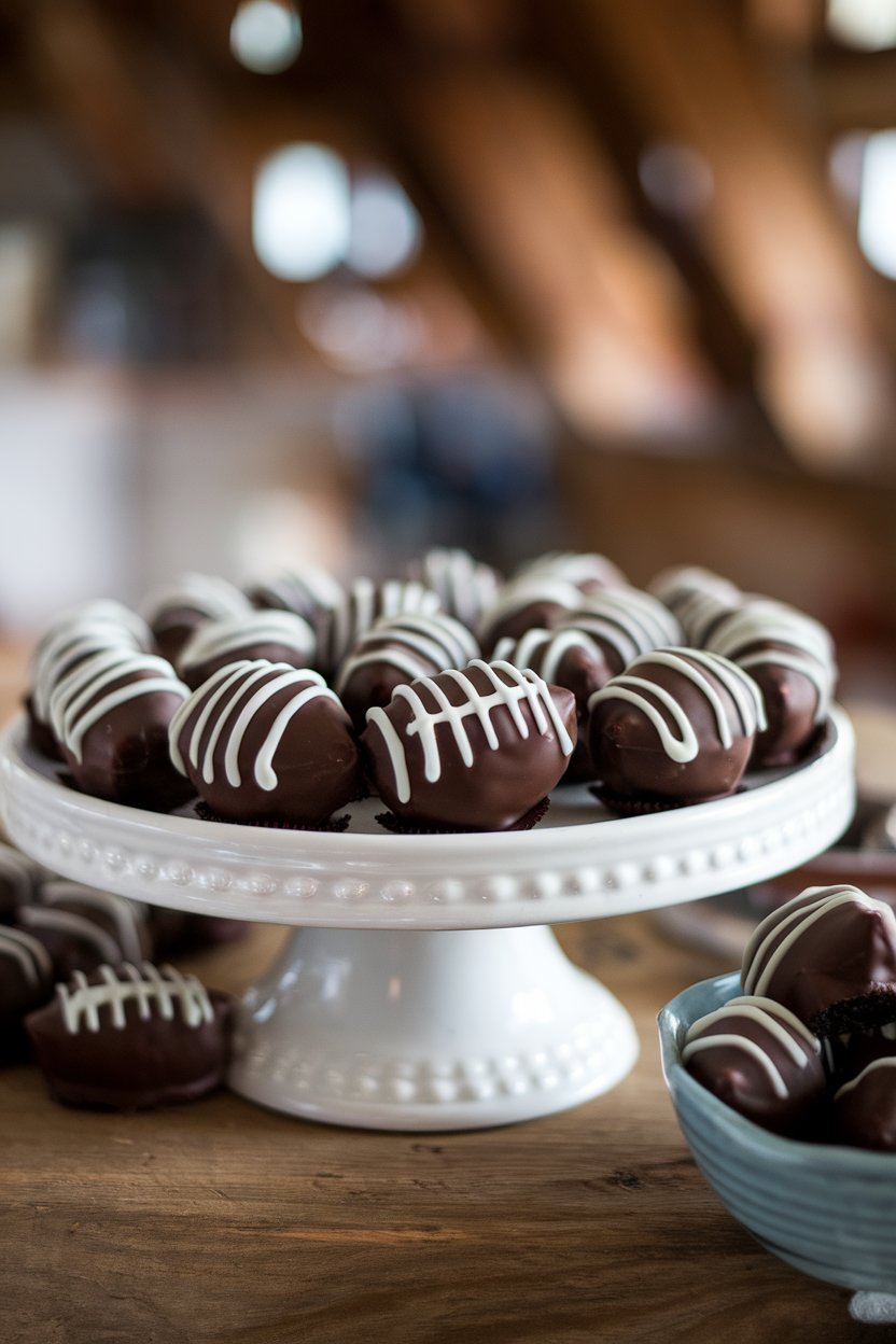 A white ceramic platter lined with Oreo truffle footballs coated in dark chocolate, white chocolate lines piped as laces. Indoor setting; no text or logos; photo, not illustration.