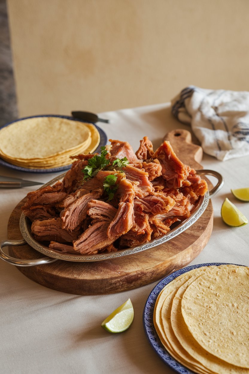 An indoor dining table set with a platter of crispy carnitas pieces, warm corn tortillas, and lime wedges. No logos or text. Photo.