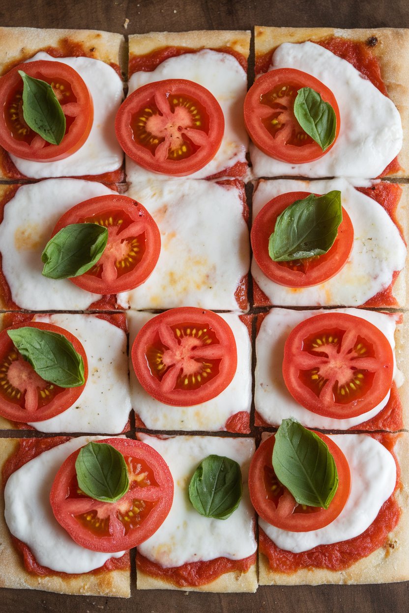 Indoor photo of a rectangular flatbread topped with melted mozzarella, fresh tomato slices, and basil leaves, cut into squares; no text or logos