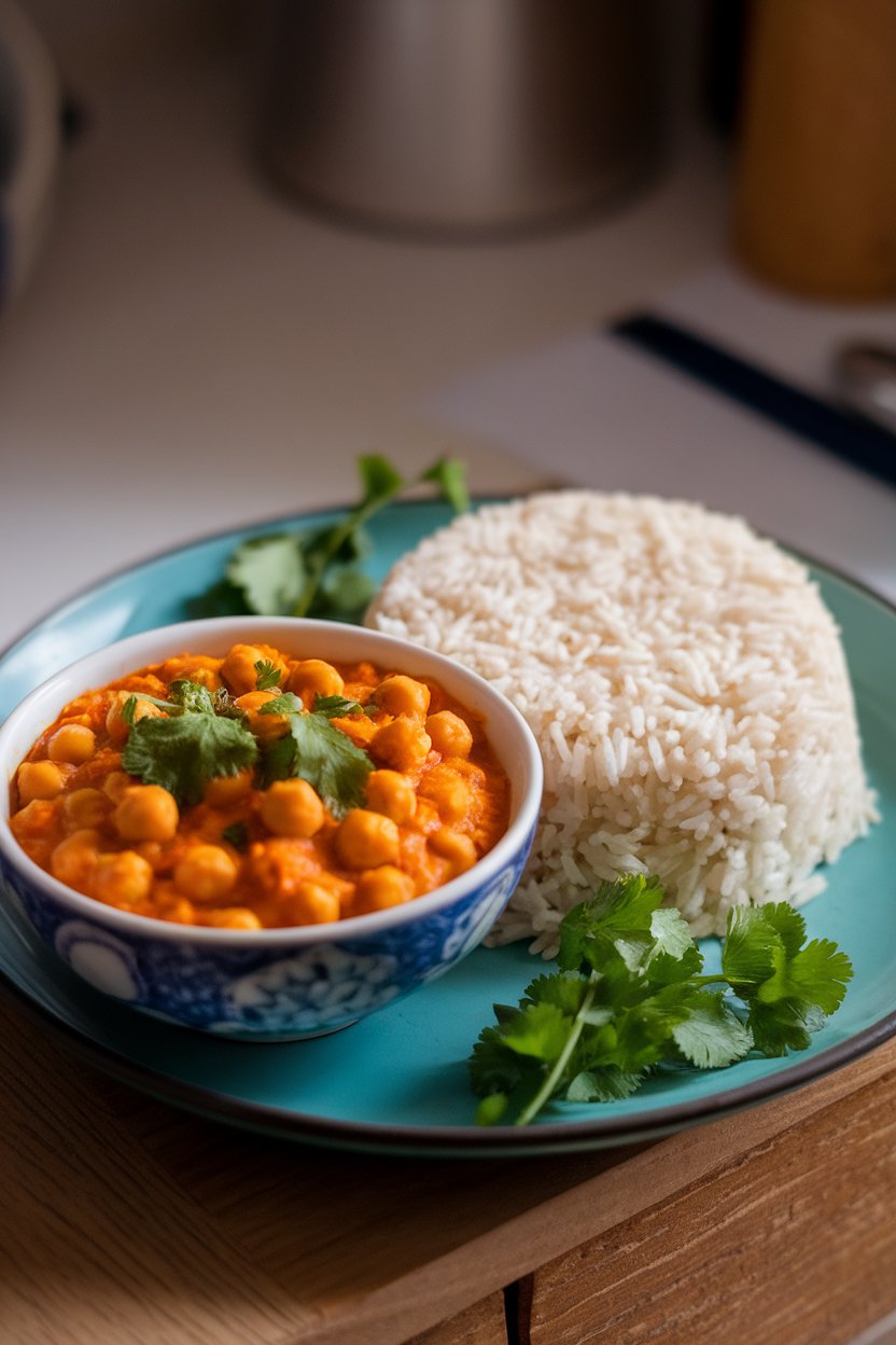 An indoor dinner plate featuring a mound of fluffy basmati alongside a bowl of vibrant chickpea curry, garnished with cilantro. No text or logos. Photo.