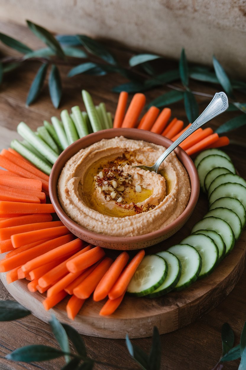 Photo of a bowl of roasted garlic hummus surrounded by carrot sticks, cucumber rounds, and bell pepper strips on an indoor table, no text or logos