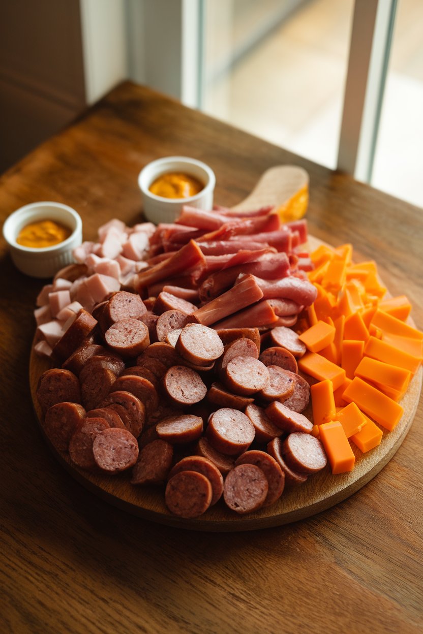 A warmly lit indoor tabletop featuring a wooden board piled with sliced andouille sausage, tasso ham strips, sharp cheddar cubes, and pepper jack wedges, accented by small ramekins of Creole mustard. No text or logos present; photo, not illustration.