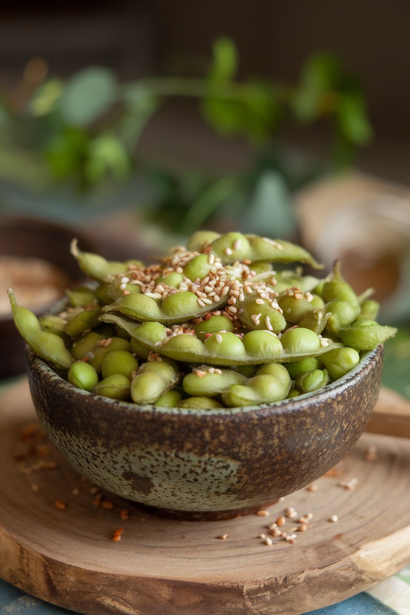 Indoor photo of a rustic bowl overflowing with steamed edamame pods, sprinkled with sesame seeds and ginger flakes. No text or logos.
