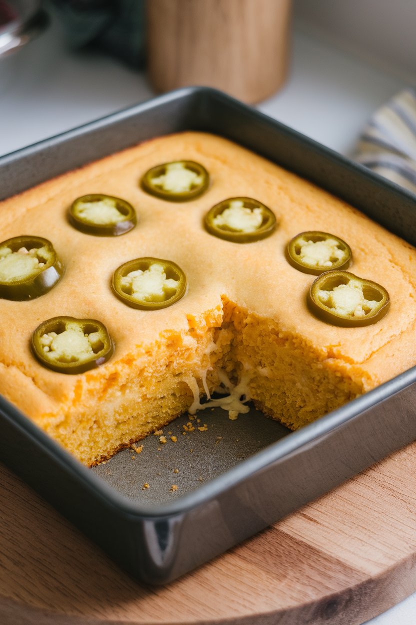 Indoor square baking dish of golden cornbread with jalapeño rounds baked on top, a slice removed to show cheesy interior. No text or logos.