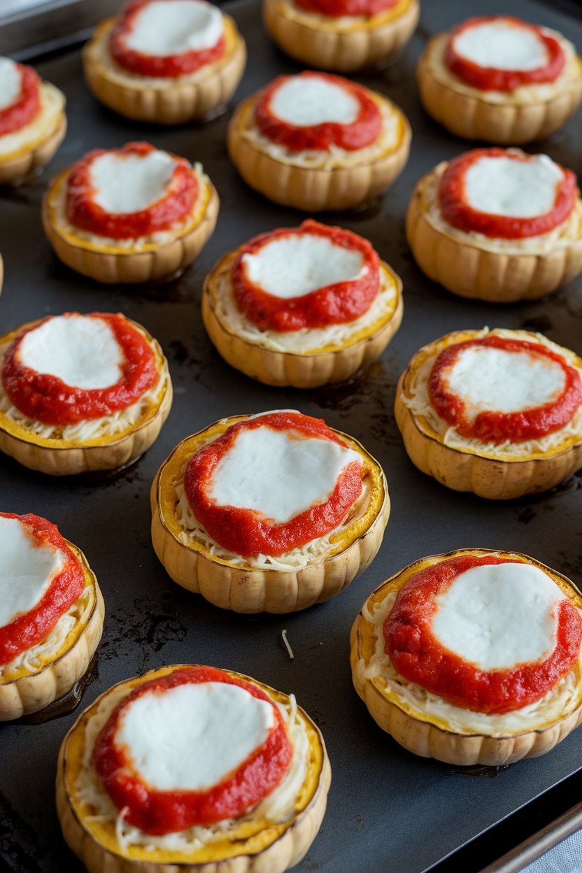Photo of small muffin-size nests of spaghetti squash topped with marinara and melted mozzarella, arranged on a baking sheet indoors. No text or logos.