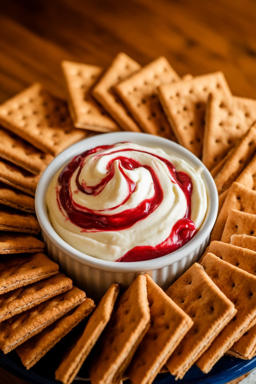 Indoor photo of a small bowl filled with creamy cheesecake dip swirled with cherry pie filling, surrounded by graham crackers. Warm lighting, no text or logos.