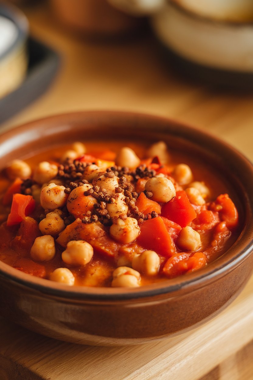 Photo of a bowl of hearty chickpea stew with tomatoes, carrots, and Moroccan spices, taken indoors. No text or logos.