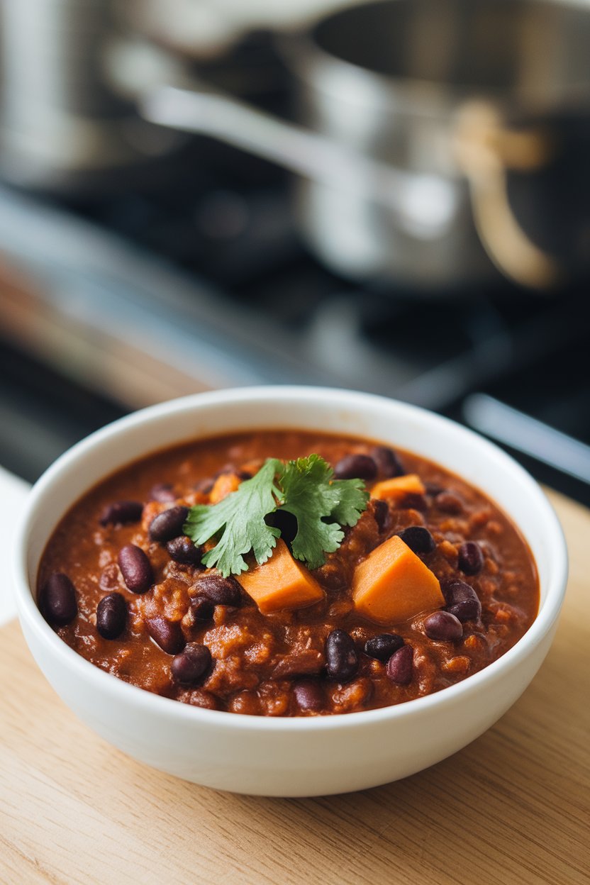 Indoor bowl showing thick chili with black beans and sweet potato chunks, topped with cilantro; no text or logos; photo.
