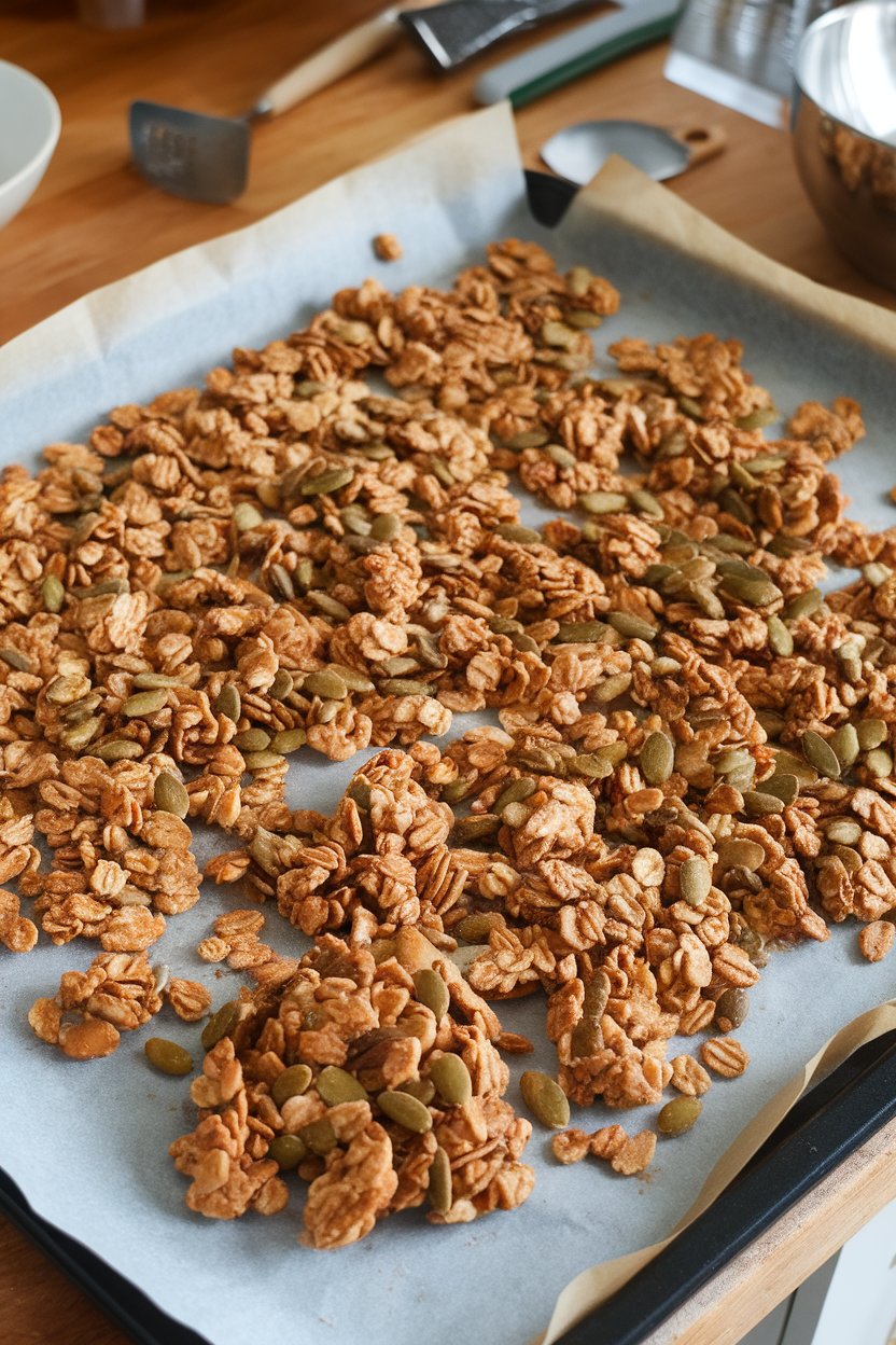 Indoor photo of a baking sheet covered with toasted oat and pumpkin seed granola chunks, cooling on parchment. No text or logos.