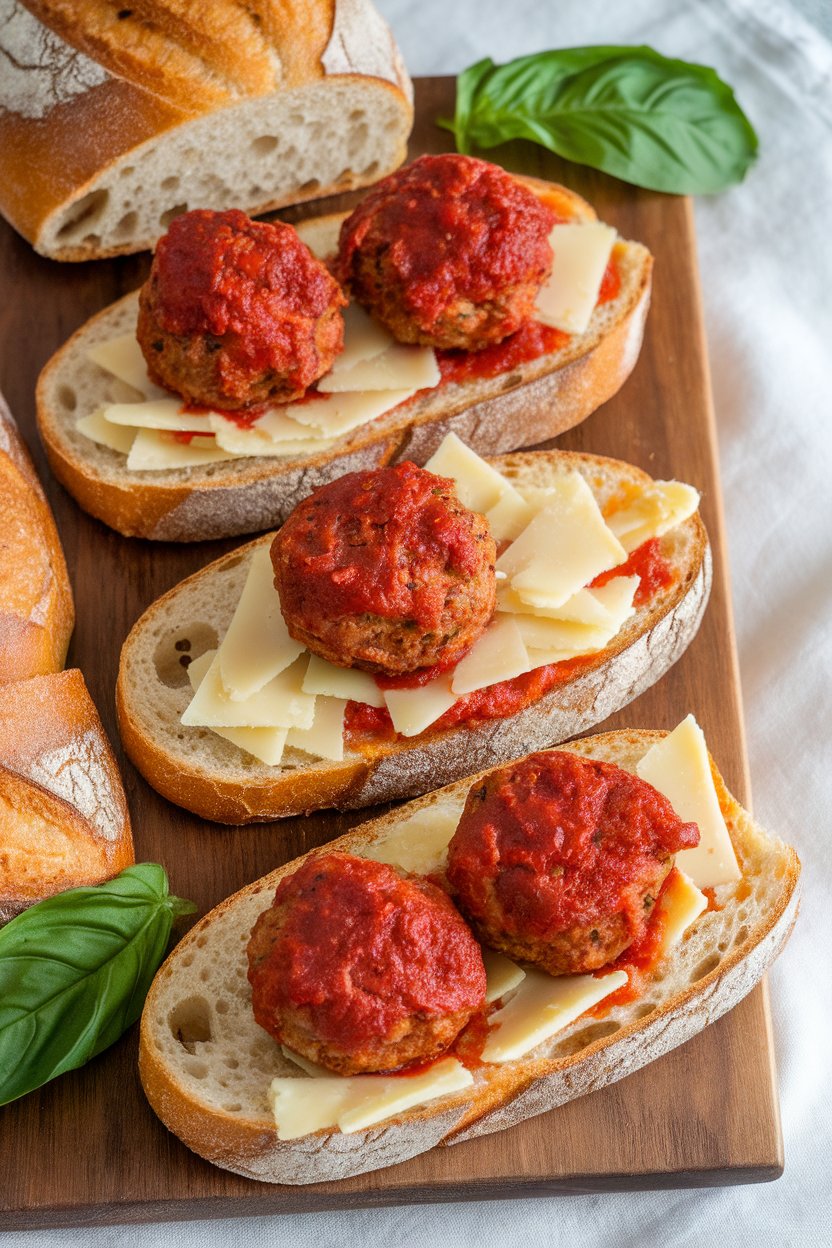 Photo prompt: Indoor wooden board with sliced baguette sections holding marinara-simmered vegan meatballs and melted dairy-free cheese shreds. No text or logos. Photo, not illustration.
