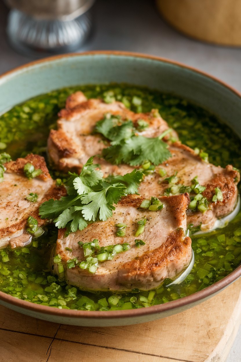 Indoor shot of a shallow bowl filled with pork chops in green salsa, cilantro sprinkled on top, no text or logos.