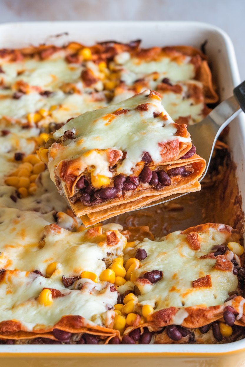 An indoor baking dish layered with tortillas, black beans, corn, and melted cheese, a spatula lifting a portion. No text or logos. Photo.