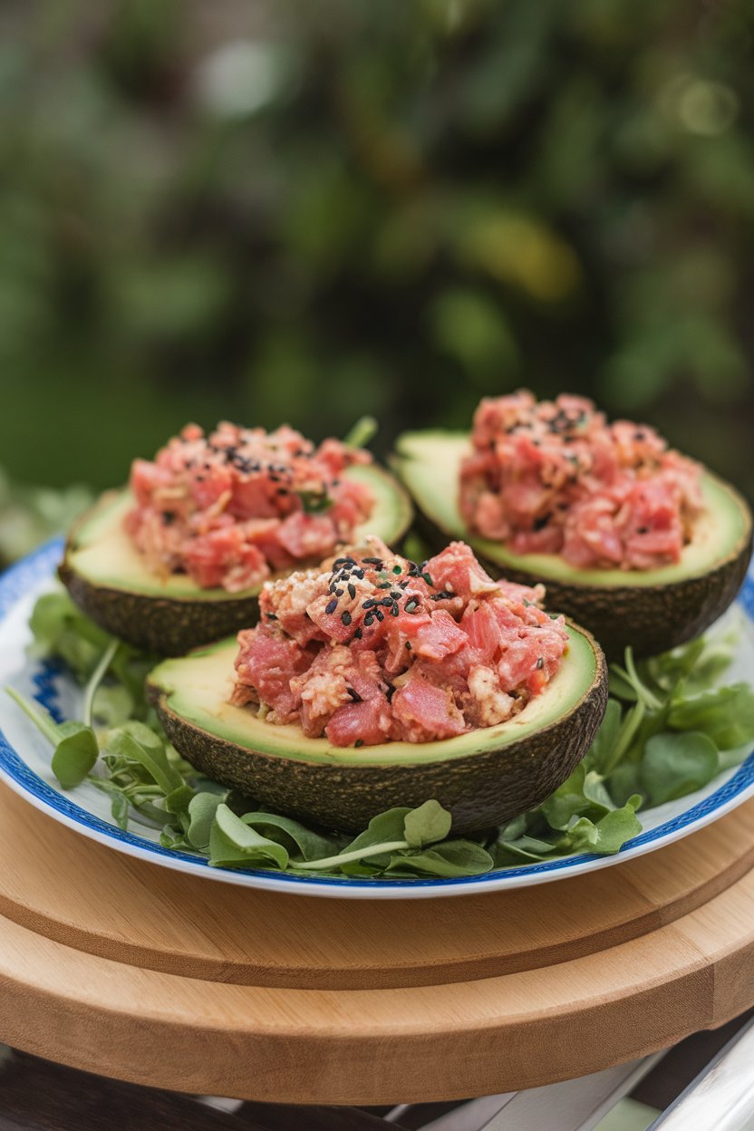 An indoor serving plate with avocado halves filled with spicy cooked tuna salad, garnished with sesame seeds; no text or logos.