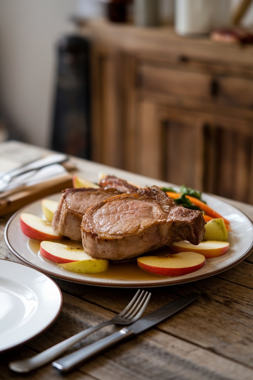 Rustic indoor table with seared pork chops resting atop apple slices in light cider sauce, no text or logos.